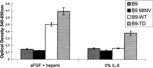 Fig. 4. Ligand-stimulated cells expressing wild-type fibroblast growth factor receptor 3 (FGFR3) proliferate in the absence of interleukin-6 (IL-6). / A chromogenic dye 3-(4,5-dimethylthiazol-2-yl)-2,5-diphenyltetrazolium bromide (MTT) assay was performed on IL-6–starved FGFR3-expressing cell lines and controls in the presence or absence of ligand (acidic fibroblast growth factor and heparin). Pooled B9-WT cells exhibit enhanced proliferation in comparison to cytokine-starved controls only in the presence of ligand. Pooled B9-TD cells demonstrate increased proliferation in the absence of IL-6 and further enhancement of proliferation in response to ligand.