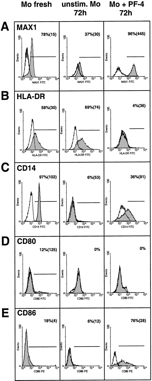 Fig. 3. Effects of PF4 on the surface expression of different monocyte markers. / Immunofluorescence-staining of human monocytes with antibodies directed against carboxypeptidase (A) M/MAX1, (B) HLA-DR, (C) CD14, (D) CD80, or (E) CD86 was performed either with freshly isolated cells (left column) or with cells cultured for 72 hours in the absence (middle column) or presence (right column) of 4 μmol/L PF4. Cells were analyzed for the respective surface marker expression (gray histograms) or isotype controls (open histograms) by flow cytometry. Percentage values refer to the relative number of positive cells and values within brackets to mean fluorescence intensity of these cells. Data are derived from 1 representative experiment out of at least 6. Significant differences between numbers of positive cells from PF4-treated and untreated cells after culture were observed in panel A (n = 10,P < .006), panel B (n = 9, P < .008), panel C (n = 9, P < .005), and panel E (n = 11,P < .006).