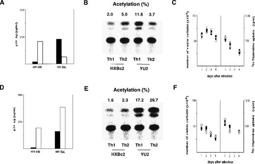 Fig. 2. Differences in p24 Ag production by Th1-polarized versus Th2-polarized naive T cells are due to differences in viral entry and not in cell proliferation. / Naive CD4+ T cells were activated with PHA and IL-2 in the presence of IL-12 (Th1-polarized) or IL-4 (Th2-polarized) and infected 3 days later with HIV-1IIIB (X4-tropic) or HIV-1BaL (R5-tropic). Parallel cultures were infected with recombinant HIV-1–CAT viruses containing HXBc2 or YU2 env proteins (X4-tropic and R5-tropic, respectively). SK-specific (Th1) and Der p 1–specific (Th2) T cell lines (Figure 1) were also infected with either HIV-1BaL, HIV-1IIIB, or HIV-1 strains YU2 or 1HXBc2. (A) Spontaneous p24 Ag release measured in supernatants of Th1-polarized (black columns) or Th2-polarized (white columns) cell cultures 4 days after infection with HIV-1IIIB or HIV-1BaL. (B) CAT activity in cell lysates from parallel cultures infected with X4-tropic or R5-tropic HIV-CAT viruses measured 4 days after infection, as described in “Materials and Methods.” (C) Numbers of viable (trypan blue negative) cells in Th1-polarized (black symbols) or Th2-polarized (white symbols) T-cell cultures from day 1 to day 4 after infection with HXBc2 (circles) or YU2 (squares) HIV-CAT viruses (left panel) and levels of 3H-thymidine uptake in the same culture (right panel). (D) Spontaneous p24 Ag release in supernatants of SK-specific (Th1; black bars) or Der p 1–specific (Th2; open bars) T cells 6 days after infection with HIV-1IIIB or HIV-1BaL. (E) CAT activity in cell lysates from a parallel culture infected with YU2 or HXBc2 HIV-1 strains. (F) Numbers of viable (trypan blue negative) cells in SK-polarized (black symbols) or Der p 1–polarized (white symbols) T-cell cultures from day 1 to day 4 after infection with HXBc2 (circles) or YU2 (squares) HIV-CAT viruses (left panel) and levels of 3H-thymidine uptake in the same culture (right panel). A representative experiment is shown.