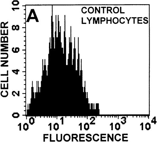 Fig. 10. CD95 receptor expression in WAS, XLT, and control T lymphocytes and monocytes. / CD95 receptor expression as measured by flow cytometry on control (A, D), XLT (B, E), and WAS (C, F) lymphocytes (A-C) and monocytes (D-F). Data are expressed as a histogram with fluorescence intensity on the x-axis and cell number on the y-axis. Mean fluorescence intensities of the control and patient lymphocyte populations were 20 and 43, respectively. Graphs are representative of data collected from a patient with WAS and a control.