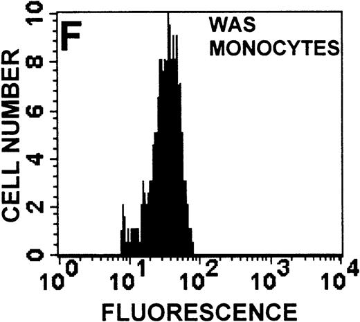 Fig. 10. CD95 receptor expression in WAS, XLT, and control T lymphocytes and monocytes. / CD95 receptor expression as measured by flow cytometry on control (A, D), XLT (B, E), and WAS (C, F) lymphocytes (A-C) and monocytes (D-F). Data are expressed as a histogram with fluorescence intensity on the x-axis and cell number on the y-axis. Mean fluorescence intensities of the control and patient lymphocyte populations were 20 and 43, respectively. Graphs are representative of data collected from a patient with WAS and a control.
