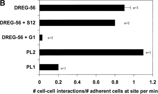 Fig. 5. Interactions of neutrophils with HL-60 cells mediated by PMPs in the presence of an anti–L-selectin antibody. / (A) Neutrophils (total volume, 6 mL) were withdrawn at 1.0 dyne/cm2 over HL-60 cells prebound to an antihuman CD43 mAb-coated glass slide. The normalized rate of neutrophil–HL-60 cell interactions was counted. Error bars represent ± SEM (standard error of the mean) (n = 3). (B) Neutrophils (total volume, 6mL) incubated with 0.4 mL PMPs and generated by the calcium ionophore A23187 were withdrawn at 1.0 dyne/cm2. The cells were withdrawn in the presence of both anti–L-selectin mAb DREG-56 to eliminate L-selectin–dependent binding to PSGL-1 and anti–P-selectin antibodies S12 (nonblocking) or G1 (blocking) or in the presence of DREG-56 together with either of the anti–PSGL-1 mAbs PL2 (nonblocking) or PL1 (blocking). Cells were withdrawn over HL-60 cells bound to an antihuman CD43 mAb-coated glass slide. The normalized rate of neutrophil–HL-60 cell interactions was counted. Error bars represent ± SEM.