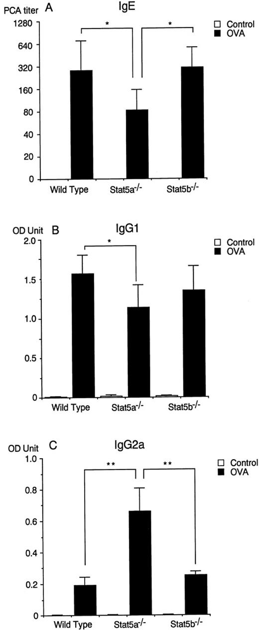 Fig. 5. Antigen-specific IgE production is diminished in Stat5a−/− mice but not in Stat5b−/−mice. / (A) The titer of anti-OVA IgE antibody in sera was assessed at 2 weeks after the second immunization by a 24-hour passive cutaneous anaphylaxis (PCA) reaction. Data are means ± SD for 10 mice in each group. *P < .005. (B-C) Anti-OVA IgG1 (B) and IgG2a (C) antibodies in sera were assessed at 2 weeks after the second immunization by ELISA as described in “Materials and Methods.” Data are means ± SD for 10 mice in each group. *P < .01, **P < .005.