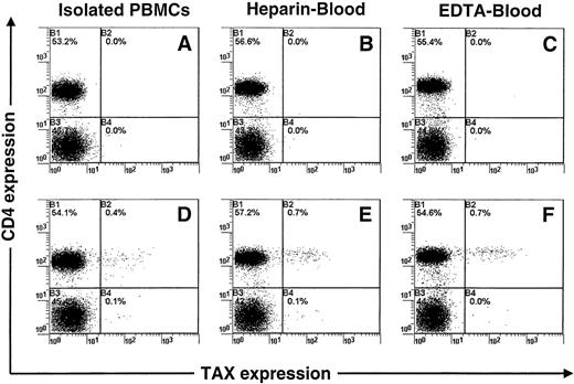 Fig. 4. Concomitant detection of Tax and CD4 antigens in peripheral blood mononuclear cells (PBMCs) isolated from a patient infected with human T-cell leukemia virus type I (TAR). / PBMCs were isolated from blood either before or after cultivation for 12 hours. Either heparin or EDTA was used as anticoagulant. The Tax protein was detected with the Lt-4 monoclonal antibody (D, E, F), and an irrelevant monoclonal antibody was used as a control isotype (A, B, C). One representative experiment of 3 is shown.
