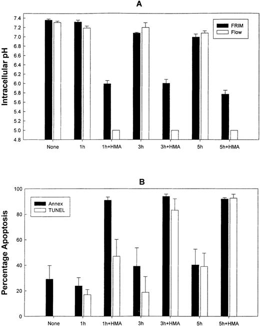 Fig. 7. The effect of HMA on pHi and apoptosis of primary acute lymphoblastic leukemic cells. / (A) Measurement of pHi by FRIM and flow cytometry. (B) Estimation of apoptosis by annexin-V-FITC and TUNEL. Results represent mean ± SEM of 3 experiments.