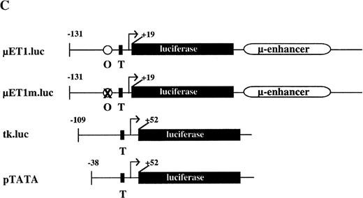 Fig. 2. Transcriptional activity of reporter constructs driven by Ig regulatory elements or the HSV-tk promoter. / (A) Namalwa, BJA-B, DG-75, Raji and Jok-1 cells (control B-cell lines), and L428 and KM-H2 cells (HD cell lines) were transfected with the wild type promoter-driven luciferase reporters (μET1) and the mutant promoter-driven reporters (μET1m). The activity of the mutant promoters was set to 1 for all cell lines and the specific activity of the wild-type promoter-driven reporter is shown as relative activity. All transfections were independently repeated minimally 3 times and in all cases a tk-driven renilla-luciferase reporter was co-transfected to correct for differences in transfection efficiencies. (B) Similar transfection as in A with luciferase reporters containing the intact tk-promoter (tk.luc, −109 to +52) or a truncated version of this promoter (pTATA, −38 to +52). The activity of the truncated promoter was set to 1 and tk.luc activity is shown relative to pTATA. (C) Schematic representation of the reporter constructs used in A and B. O = octamer motif (the mutated octamer motif is indicated by the crossed out symbol); T = TATA box. The enhancer fragment is not drawn to scale (the 1000 bp XbaI fragment of the enhancer was used).40
