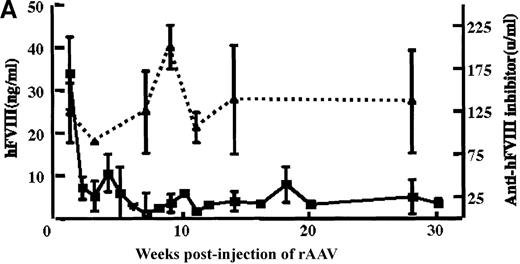 Fig. 3. In vivo expression of rAAV/BDD-hFVIII in mice. / Purified rAAV/DLZ6 virus was administered to the C57BL/6 mice via the portal vein. ELISA was used to determine hFVIII level in the plasma and BIA was used to measure anti-hFVIII inhibitor titer. A) BDD hFVIII antigen level and anti-hFVIII inhibitor titer in the plasma of the mice (n = 4) receiving 2 × 1011 rAAV/DLZ6. B) BDD-hFVIII antigen measurement of NOD/scid mice (n = 4) receiving 1.5 × 1011 rAAV/DLZ6. Solid line: hFVIII antigen level; dashed line: anti-BDD-hFVIII inhibitor titer. Human FVIII ELISA standard curve was performed using pooled normal human plasma diluted in either barbital buffered saline or mouse plasma.