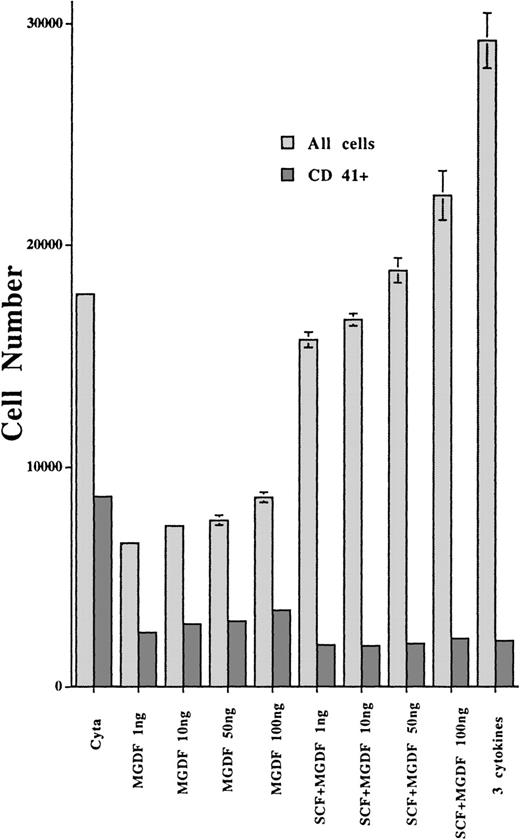Fig. 2. Effects of PEG-rHuMGDF in liquid culture medium on the growth of MKs from CD34+ cells of TAR syndrome patients. / PEG-rHuMGDF was tested at different concentrations, alone or in combination with SCF. CD34+ cells (2000 cells) from bone marrow of a TAR syndrome patient were grown in a 96-well plate (100 μL) in triplicate. At day 10, the numbers of viable cells and viable CD41+ cells were quantitated by flow cytometry using staining with an R-PE anti-CD41a MoAb and 7AAD.