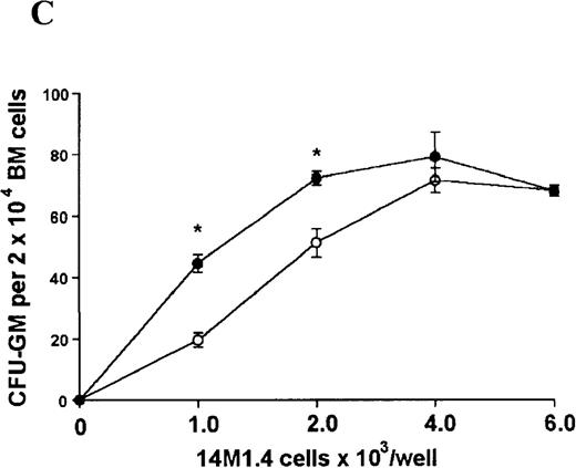 Fig. 4. L donovani infection of 14M1.4 cells promotes CFU-GM formation in the absence of exogenous growth factors. / 14M1.4 cells were untreated (open circles) or infected with amastigotes at a ratio of 25:1 (closed circles) and allowed to adhere before addition of either spleen (A and B) or bone marrow (C-E) cells suspended in methylcellulose, in the absence of growth factors. After 7 days, mature colonies were scored as CFU-GM (A and C), BFU-E (B and D), or CFU-GEMM (E). Data represent the mean ± SEM for triplicate wells and are representative of 2 independent experiments. Significant statistical differences between naı̈ve and infected 14M1.4 cells of P < 0.02 (*) are indicated.