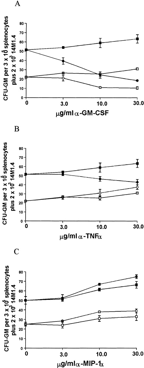 Fig. 8. Support of splenocyte hematopoiesis by coculture with infected 14M1.4 cells is dependent on GM-CSF and TNF-. / 14M1.4 cells were untreated (open symbols) or infected with LV9 amastigotes at a ratio of 25:1 (closed symbols). Adherent 14M1.4 cells were preincubated with (A) control HIgG (squares) or anti-GM-CSF mAb (circles), (B) control HIgG (squares) or anti-TNF-α mAb (circles) or (C) control GIgG (circles) or anti-MIP-1α Ab (squares) for 30 minutes before overlaying with naı̈ve splenocytes suspended in methylcellulose, in the absence of growth factors (Methocult 3230), but in the presence of hemin.