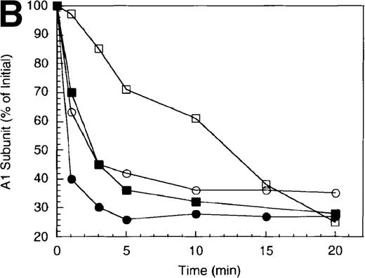 Fig. 3. Effect of factor X on the inactivation of factor VIIIa by human APC and protein S. / (A) Factor VIIIa activity was determined for reactions containing 200 nmol/L factor VIIIa alone (open diamonds), factor VIIIa plus 40 nmol/L APC (circles), and factor VIIIa plus APC plus 400 nmol/L factor X (squares). Open symbols were in the absence and closed symbols were in the presence of 250 nmol/L protein S. (B) Residual A1 subunit was determined for the above reactions run in the presence of APC (circles) and APC plus factor X (squares). Open and closed symbols represent the absence and presence of protein S, respectively. Curves were derived from scans of the Western blots obtained using the 58.12 anti-A1 subunit antibody. (C) Residual A2 subunit was determined for the above reactions run in the presence of APC (circles) and APC plus factor X (squares). Open and closed symbols represent the absence and presence of protein S, respectively. Curves were derived from scans of the Western blots obtained using the R8B12 anti-A2 subunit antibody. (D) Residual A1 subunit was determined after addition of 40 nmol/L APC to reactions containing 0 (circles), 200 (squares), 400 (triangles), and 800 nmol/L (diamonds) factor X.