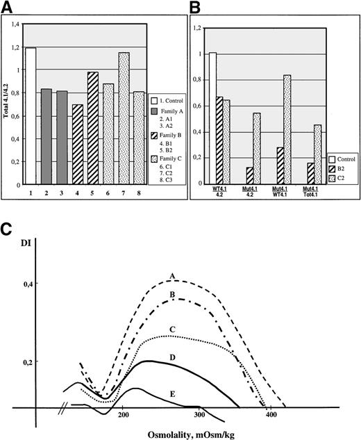 Fig. 5. Quantitative and functional analysis of the C-terminal 4.1R variants. / Red cell membrane proteins were fractionated with sodium dodecyl sulfate-polyacrylamide gel electrophoresis (SDS-PAGE), stained with Coomassie blue, and analyzed densitometrically. (A) Total protein 4.1R expression was measured as the ratio of protein 4.1R to protein 4.2. (B) The 2 truncated protein 4.1R variants (4.1R Coimbra and 4.1R Presles) and the normal 4.1R produced in trans in the heterozygous patients were estimated separately. WT and Mut indicate wild-type and mutated protein 4.1R, respectively. Note that the expression levels of both normal 4.1R are very similar (WT 4.1/4.2 bars), whereas 4.1R Coimbra is produced in a significantly lower amount than 4.1R Presles (Mut 4.1 bars). (C) Osmotic gradient ektacytometric curves. DI indicates deformability index; A, control; B, 4.1R Coimbra heterozygote (family member B2); C, 4.1R Algiers heterozygote 21; D, 4.1R Coimbra homozygote (patient B1); and E, 4.1R Algiers homozygote.21 Each 4.1R Coimbra allele yields a partial deficiency of 4.1R. Each 4.1R Algiers allele yields a complete deficiency of 4.1R.