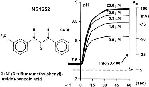 Fig. 1. Right panel. Carbonylcyanide-m-chloro-phenyl-hydrazone–mediated pH traces (left axis) and corresponding membrane potentials (right axis) from suspensions of normal erythrocytes (A/A) showing the increasing hyperpolarization due to inhibition of the chloride conductance with increasing concentrations of NS1652 (0, 1.0, 3.3, 10, and 20 μM) under standard experimental conditions. / The valinomycin concentration was 10−7 mol/L. All experiments were stopped by addition of Triton-X-100 to determine the pHi and thereby the corresponding zero membrane potential. Left panel: Chemical structure of NS1652.
