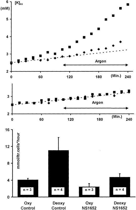 Fig. 7. Effect of NS1652 on deoxygenation-induced cation fluxes. / Normal or sickle erythrocytes were suspended (hematocrit = 10%) in an oxygenated, buffered, ouabain-containing (0.1 mmol/L) salt solution for 105 minutes before deoxygenation was initiated by application of a humid stream of argon. Upper panel: The effects of deoxygenation and NS1652 (10 μM) on the net K+ efflux from sickle (S/S) erythrocytes. Middle panel. Similar experiment as in (A) except with normal (A/A) erythrocytes. The extracellular K+concentration (Y-axis, upper and middle panel) was followed as a function of time (X-axis) by flame photometry on samples of the extracellular solution taken every 15 minutes. Control (▪) as well as NS1652-containing suspensions (⧫) were run in parallel. The broken line (middle panel) is the linear regression curve to the data obtained with the normal cells. This line has been superimposed on the data from sickle cells (upper panel). Lower panel: Net potassium effluxes per liter cells per hour, calculated by linear regression to the data points in the linear phases (0-105 minutes for oxygenized cells, 135-240 minutes for deoxygenized cells) of efflux experiments as shown in the panels above. Text boxes indicate the number of experiments; error bars indicate SD.