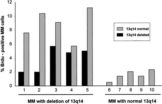 Fig. 2. Proliferative activity of cytogenetically defined myeloma cells. / Five patients with a 13q14 deletion determined by FISH analysis with a rb-1 specific probe were studied for BrdU incorporation. Both rb-1–deleted and rb-1–nondeleted cells were found to be proliferative. Proliferation of these multiple myeloma (MM) cells was greater than that of MM cells from 5 patients with normal chromosome 13q14 on FISH analysis.