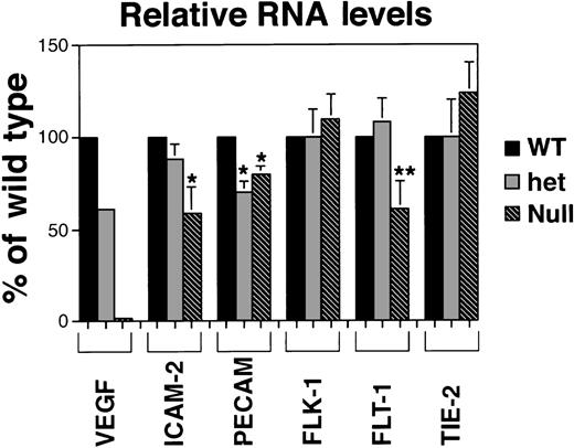 Fig. 4. Quantitative RNA analysis of VEGF mutant ES cell cultures. / PhosphorImager data from the gels in Figure 3 were manipulated to subtract background and to normalize to the β-actin protected signal in the same lane. Relative band densities for each probe in het (+/−) and null (−/−) lanes were then compared to (+/+) wild-type levels for that probe. Each result, except for the VEGF analysis, is a compilation of at least 3 experiments on at least 2 (and sometimes 3) different sets of RNA prepared on different days and at different passage numbers. In all cases, statistical analyses compared VEGF het and null RNA levels to the VEGF wild-type RNA levels for that probe. *P < .05; **P < .000 0001.