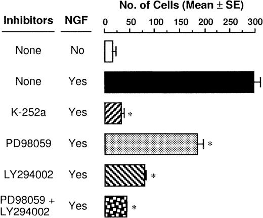 Fig. 5. Suppressive effects of signal transduction inhibitors on NGF-induced chemotaxis. / PMCs were preincubated at a density of 5 × 104cells/mL with either 50 ng/mL K-252a, 100 μmol/L PD98 059, or 50 μmol/L LY294 002 inhibitor or assay medium for 1 hour before stimulation with 50 ng/mL NGF for 3 hours. Data were obtained from 5 separate experiments. *P < .001, when compared with NGF alone.