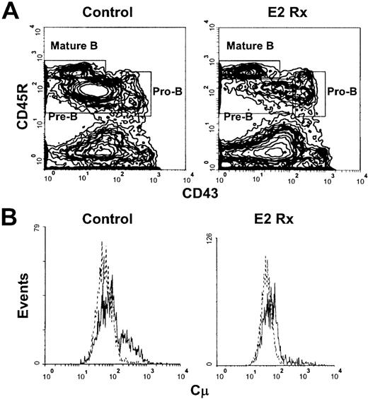 Fig. 1. Early pre-B cells are depleted in estrogen-treated BALB/c mice. / (A) B-lineage populations in bone marrow from control and E2-treated mice were revealed by surface staining with antibodies to CD45R and CD43. Mature B cells were identified as CD45RhiCD43−. (B) Cells within the CD45R+CD43+ gate were then analyzed for cμ heavy chains (solid lines) as compared with staining with a normal goat IgG control (dotted lines). The histograms depict 50 000 events collected within lymphocyte light scatter gates and are representative of results obtained from 7 individual control and 9 estrogen-treated mice.