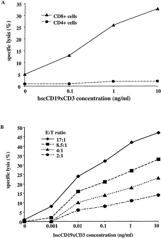 Fig. 4. Role of T cell subsets and E-T ratio in the cytotoxic effect. / (A) 51Cr-release assay with isolated primary human CD8+ and CD4+ T cells against cell line Blin-1 at different concentrations of bscCD19 × CD3 (E-T ratio 20:1; incubation time 4 hours). (B)51Cr-release assay with unstimulated primary human PBLs against CD19+ cell line Blin-1, with titration of bscCD19 × CD3 at different E-T ratios and incubation time of 4 hours.