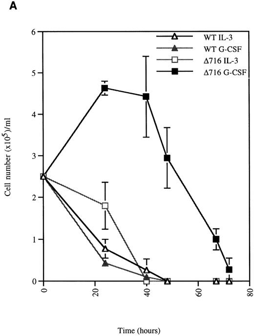Fig. 2. G-CSF pretreatment enhances the survival and proliferation of ▵716 cells following growth factor withdrawal. / Ba/F3 cells transfected with either the WT or the Δ716 G-CSFR were grown in media containing either 10% WEHI-CM (source of IL-3) or 1.9 ng/mL G-CSF. The cells were washed twice and then resuspended in RPMI 1640 containing 10% FBS and 2 mmol/L glutamine with no added cytokine. At the indicated times, cells were stained with trypan blue and cell number (A) and percent viability (B) were determined. SDs were calculated from 3 independent experiments.