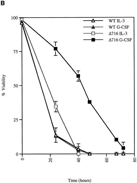 Fig. 2. G-CSF pretreatment enhances the survival and proliferation of ▵716 cells following growth factor withdrawal. / Ba/F3 cells transfected with either the WT or the Δ716 G-CSFR were grown in media containing either 10% WEHI-CM (source of IL-3) or 1.9 ng/mL G-CSF. The cells were washed twice and then resuspended in RPMI 1640 containing 10% FBS and 2 mmol/L glutamine with no added cytokine. At the indicated times, cells were stained with trypan blue and cell number (A) and percent viability (B) were determined. SDs were calculated from 3 independent experiments.