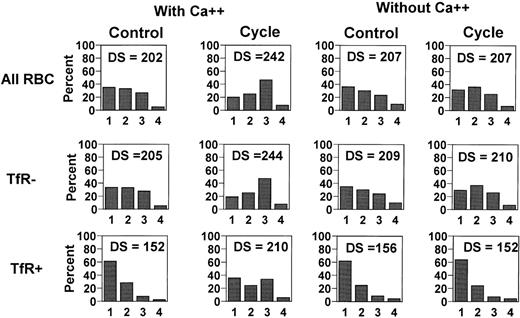Fig. 3. Typical cell-density distributions for control cells (incubated 4 hours under oxygenation conditions) and for cells that were cycled for 4 hours. / The cycled samples with and without calcium were run concurrently in the 2 channels of the oxygenation/deoxygenation apparatus.