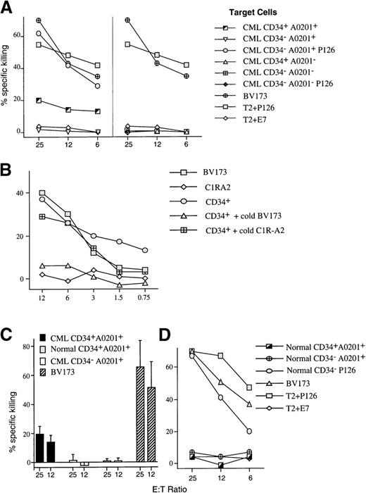 Fig. 3. Analysis of CTL-mediated killing of CD34+cell populations purified from patients with leukemia and normal donors. / (A) Representative experiment showing the level of killing by anti-P126 CTL against purified CD34+ and CD34− cell populations isolated from patients with CML who were either HLA-A0201+ or A0201−. CD34−/A0201+ cells were not recognized by the CTL unless coated with P126 peptide. The leukemic cell line BV173 and the TAP-deficient T2 cells coated with P126 or the control E7 peptide were used as positive and negative controls in all experiments. (B) Cold target competition experiment. Shown is the killing by anti-P126 CTL against chromium-labeled CD34+ targets from an A0201+ patient with CML in the absence or presence of a 30-fold excess of cold BV173 and C1R-A2 targets. The killing of chromium-labeled BV173 and C1R-A2 is shown for comparison. (C) Average of the level of specific CTL killing of purified CD34+cells from 11 different HLA-A0201+ patients with CML and from 6 normal donors. The level of killing of CD34−cells purified from patients with CML and against the positive control cells BV173 is also shown. The figure shows the mean level and standard deviation of specific CTL killing. (D) Representative experiment showing the level of killing by anti-P126 CTL of purified CD34+ and CD34− cell populations isolated from HLA-A0201+ normal donors. No CTL killing was detectable unless target cells were coated with P126 peptide.