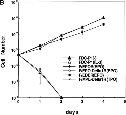 Fig. 4. Structure of chimeric receptors and factor responsiveness of FDC-P1 transfectants. / (A) Shown schematically are the wild type δ1 and EPOR together with the chimeras hEPO-δ1R, hEDER, and hMPL-δ1R. Fused domains are designated by restriction sites generated within cognate cDNAs. (B) Time course of growth of the FDC-P1 cells retrovirally transduced with various receptor constructs. Parental FDC-P1 and FDC-P1 cells expressing hEPOR, hEPOR-δ1R, EDER, and hMPL-δ1R were cultivated in the presense of 1 ng/mL of mIL-3, 2 U/mL of hEPO, 2 U/mL of hEPO, 2 U/mL of hEPO, and 100 ng/mL of hTPO, respectively, and the cell number was counted at the indicated times.
