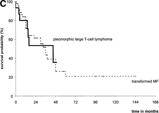 Fig. 2. Statistical analysis. / (A) Overall survival of patients since MF transformation. (B) Survival of patients with and without extracutaneous spreading. (C) Survival of patients with transformed MF compared with that of 15 patients with pleomorphic large T-cell lymphoma since MF transformation.