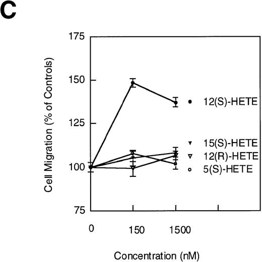 Fig. 3. Arachidonate metabolites in endothelial cell migration. / The migration assays were performed as described in “Materials and methods.” (A) Stimulation of RV-ECT migration by arachidonic acid (1 μmol/L), bFGF (10 ng/ml), and VEGF (10 ng/ml). (B) VEGF-stimulated RV-ECT migration involves lipoxygenase-dependent arachidonic acid metabolism. Treatment: VEGF, 10 ng/mL; ETYA, 5 μmol/L; NDGA, 50 μmol/L; indomethacin, 50 μmol/L. −, absence of treatment (vehicle only); +, presence of treatment. (C) Differential effects on RV-ECT cell migration by various HETEs. (D) Modulation of RV-ECT cell migration by 12-LOX inhibitor BHPP and 12(S)-HETE. Columns, percentage of the average number of cells migrated when compared with the controls; bars, SE (a, P < .05; b, P < 0.01; Student's t test). All migration assays were repeated at least 4 times.