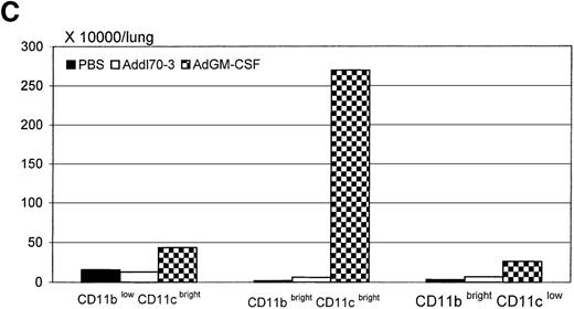 Fig. 1. Identification of pulmonary antigen-presenting cell (APC) populations under different conditions. / Total mononuclear cells were isolated from mouse lungs that received 0.6 × 109 plaque-forming units adenoviral gene vector expressing murine GM-CSF (AdGM-CSF) or Addl70-3, or 40 μL of sterile phosphate-buffered saline at day 12. Approximately 0.3 × 106 cells were immunostained with FITC-CD11b, PE-CD11c and biotinylated-MHC II, B7.1, or rat immunoglobulin (Ig)G2a antibodies. Data were collected from FACScan. (A) General cellular profile for each group was shown on forward-side scatter, macrophage/monocyte-like cell enriched population was gated as R1. (B) R1 region cells were further divided into three subpopulations in contour plot based on CD11b and CD11c expression. (C) The absolute cell numbers for each population derived from single mouse in different groups. Data are representative of three individual experiments.