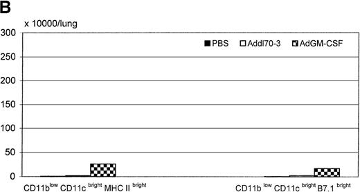 Fig. 2. Effect of granulocyte-macrophage colony-stimulating factor (GM-CSF) on activation of R2 region CD11blow/CD11cbright population during pulmonary adenoviral infection. / Following the procedure described in Figure 1, (A) MHC II and B7.1 expression were examined on R2 region for each group. Open histograms represent the background staining with the isotype control antibody, whereas solid histograms indicate staining with relevant monoclonal antibody against the indicated surface molecule. M1 markers represent the limit defining the expression at high levels of the corresponding marker. In the case of B7.1 expression, the majority of cells from R2 region in control groups expressed at dull level that labeled as M8. (B) The absolute cell numbers for double positive for CD11c and MHC II or B7.1 derived from single mouse in different groups.