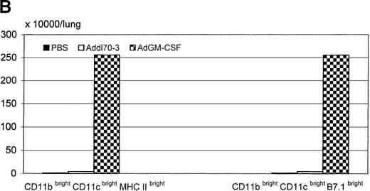 Fig. 3. Effect of granulocyte-macrophage colony-stimulating factor (GM-CSF) on activation of R3 region CD11bbright/CD11cbright population during pulmonary adenoviral infection. / Following the procedure described in Figure 1, (A) MHC II and B7.1 expression on R3 region was examined for each group. Open histograms represent the background staining with the isotype control antibody, whereas solid histograms indicate staining with relevant monoclonal antibody against the indicated surface molecule. M1 markers represent the limit defining the expression at high levels of the corresponding marker. (B) The absolute cell numbers for triple positive for CD11b, CD11c, and MHC class II or B7.1 derived from single mouse in different groups.