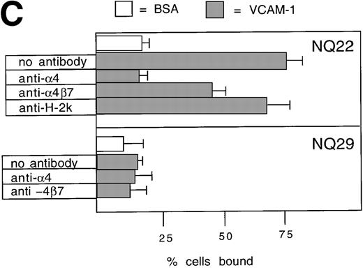 Fig. 2. Cell adhesion. / (A) Cell adhesion of lymphoma cell lines to bovine serum albumin or FN coated at 10 μg/mL was carried out in the presence of 0.3 mmol/L Mg2+ or 20 μmol/L Mn2+. The values reported represent the average of 3 experiments. (B) Cell adhesion to endothelial cells. Confluent H-end80 monolayers were incubated with media alone or with media containing TNF-α for 16 hours and rinsed with DMEM. NQ22 and NQ29 cells (2 × 105) in DMEM were added for 20 minutes at 37°C under static conditions. At the end of the incubation period, the nonadherent cells were removed by gentle rinsing with DMEM and the percentage of bound cells was determined as detailed in “Materials and methods.” (C) NQ22 and NQ29 cell adhesion to purified VCAM-1 or bovine serum albumin coated at 10 μg/mL. For the inhibition of cell attachment to H-end80 cells and to purified VCAM-1, the different antibodies were added at 5 μg/mL just before the lymphoma cells were plated. The antibodies used were the following: DATK-32 (α4β7); M1/70 (Mac-1/αMβ2); PS/2 (α4); M298 (β7); and 429 (VCAM-1).