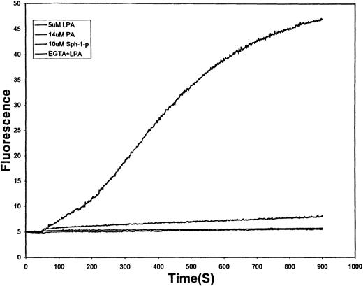 Fig. 1. Effect of lipid-derived second messengers on the kinetics of Ca++ influx into human erythrocytes. / Washed human erythrocytes loaded with Fluo-3/AM and suspended in HEPES buffer (125 mmol/L NaCl, 3 mmol/L KC1, 2 mmol/L CaCl2, 1 mmol/L MgCl2, 1.2 mmol/L sodium phosphate, 10 mmol/L glucose, 16 mmol/L HEPES, pH 7.4) were stirred at 0.07% hematocrit in a fluorescence spectrophotometer and treated at time (t = 60 seconds) with 5 μmol/L LPA (top tracing), 14 μmol/L PA (middle tracing), 10 μmol/L Sph-1-P (lower tracing), or 5 mmol/L EGTA followed by 5 μmol/L LPA (lowest tracing). All lipid stimulants were added from stock solutions prepared in PBS. The increase in fluorescence (λex = 506 nm, λem = 530 nm) caused by Ca++ binding to Fluo-3 was then monitored as a function of time. Labeled RBCs not treated with any stimulant displayed no change in Fluo-3 fluorescence.