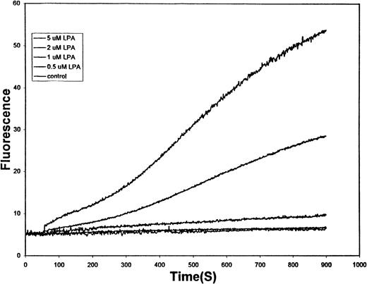 Fig. 2. Effect of physiologic concentrations of LPA on the kinetics of Ca++ entry into human RBCs. / Erythrocytes prepared and loaded with Fluo-3, as described in the legend to Figure 1, were treated with (top to bottom tracing) 5 μmol/L LPA, 2 μmol/L LPA, 1 μmol/L LPA, 0.5 μmol/L LPA, or no LPA at time t = 60 seconds. The change in Fluo-3 fluorescence caused by Ca++ entry into the cells was then monitored by fluorescence spectroscopy.