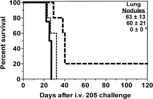 Fig. 1. Immunization of BMT recipients increases survival and GVT activity. / One month after BMT, SW→B6 recipients were immunized with 205IL-2/TK cells and ganciclovir. Two weeks after the first vaccine, micrometastases were established by intravenous injection of 1 × 105 205 tumor cells, at which time 1 group of recipients received a second vaccine. Lung nodules were counted at the time of death or after day 100 for each recipient. The deaths that occurred in the recipient group immunized twice resulted from the growth of a nonpulmonary metastasis (sacral/pelvic mass) that necessitated sacrifice. Groups and sizes were: no vaccine, n = 4; 1 vaccine, n = 5; and 2 vaccines, n = 5. *P < .05 for lung nodules compared to 1 or no vaccine controls. **P = .004 compared to nonimmunized recipient survival.