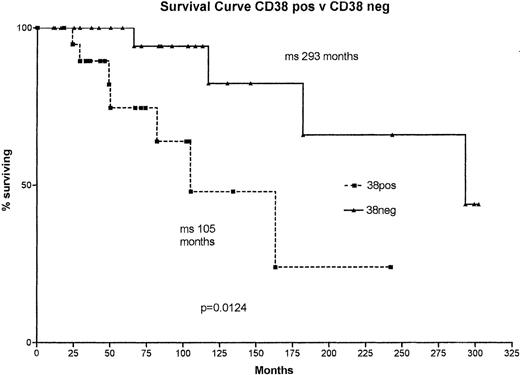 Fig. 2. Kaplan-Meier survival curves comparing CD38 positive and negative CLL patients.