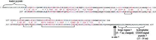 Fig. 2. The protein sequence of PRV-1. / The 2 homologous cysteine-rich regions are shown aligned to each other. Identical amino acids are shown in red, conserved cysteine residues in bold red. Similar amino acids are depicted in blue. The position of the leader peptide, the carboxy-terminal hydrophobic region as well as the ω-sites, potential sites of GPI-anchor attachment, are shown. The postulated cysteine-disulfide bridges are indicated by brackets.