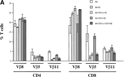 Fig. 8. Clonal deletion of T cells as a consequence of I-E transgene expression. / (A) Flow cytometric analysis of Vβ8, Vβ5, and Vβ11 expression among CD4+ and CD8+ LN T cells. LN cells of the 5 indicated mouse strains (n = 3 for B6-IE and B6 CD11c-IE; n = 6 for B6, B6 CD19-IE, B6 CD11c-CD19-IE) were triple stained with anti–CD4-PE, anti–CD8-CyChrome, and either anti-Vβ8.1,8.2-FITC, Vβ5.1, 5.2-FITC, or Vβ11-FITC, respectively. Results are expressed as a percentage of Vβ+CD4+ and Vβ+CD8+ cells. (B) Flow cytometric analysis of Vβ8, Vβ5, and Vβ11 expression among thymocytes. Total thymocytes were triple stained as described in (A). The percentages of positive cells among CD4+ or CD8+ thymocytes were determined (n = 3 for each type of transgenic mouse).