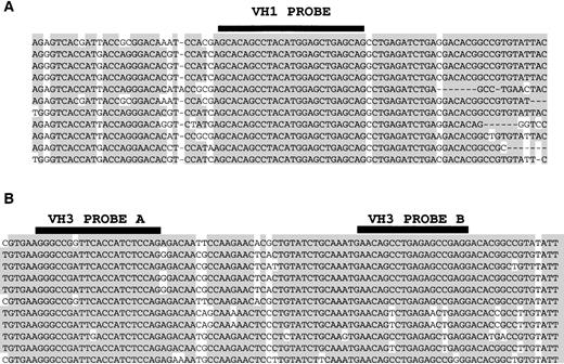 Fig. 1. Alignment of ALL patients' tumor-related VH1 and VH3 IgH sequences to illustrate design of consensus IgH probes. / Alignments show FRIII VH consensus regions to which TaqMan probes (reverse complement) are designed. (A) Alignment of 11 VH1 tumor-related IgH sequences showing consensus sequence of the VH1 TaqMan probe. (B) Alignment of 11 VH3 tumor-related sequences showing the sequences to which 2 VH3 TaqMan probes are designed.