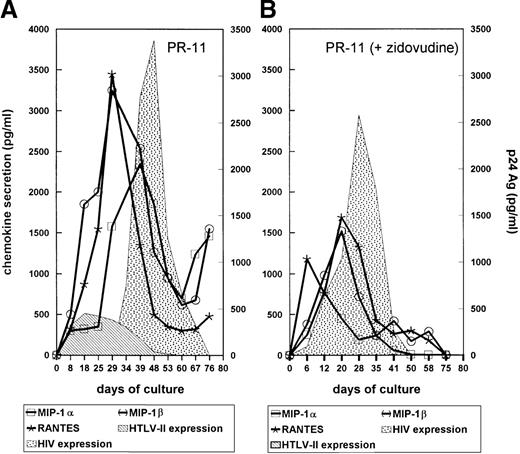 Fig. 6. Chemokine secretion in culture supernatants of IL-2–stimulated PBMCs from mono–HTLV-II–infected patient PR-11 before (A) and after (B) 3 months of zidovudine monotherapy.