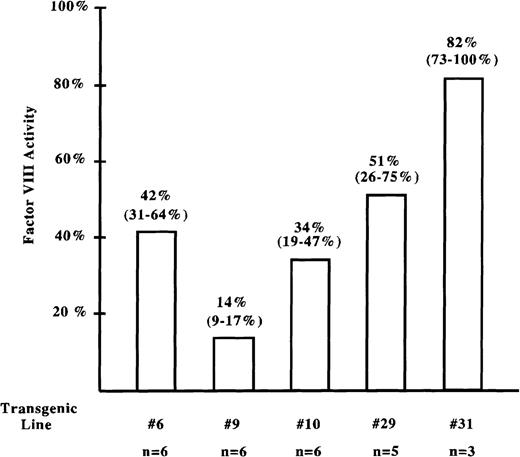 Fig. 4. Factor VIII activity analysis in transgenic mice. / Factor VIII activity in samples of transgenic mouse plasma was measured using the COAMATIC assay. A standard curve for factor VIII activity was generated from pooled plasma of normal mice. Knockout mouse plasma was used to generate a baseline point (less than 1% of normal activity) for the standard curve. The average factor VIII activity for each line compared with normal mice is displayed, and the range of activity observed is shown in parentheses. The number of mice assayed from each line is listed in the bottom row.