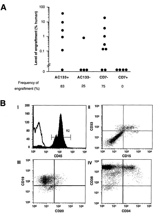 Fig. 5. Analysis of SRC capacity in subpopulations of CD34+CD38−Lin− cells based on the expression or absence of cell surface CD7 and AC133. (A) Summary of the level of human engraftment in NOD/SCID mice transplanted with AC133+ and AC133− subfractions and CD7+ and CD7− subfractions isolated from the CD34+CD38−Lin−population of human CB. Eight weeks after transplantation, the presence of human cells in the BM of 22 mice was assessed by extraction and hybridization of DNA using either Southern blot analysis with a human chromosome 17–specific α-satellite probe or multiparameter flow cytometric analysis with the human-specific pan-leukocyte marker CD45. Each symbol represents a single NOD/SCID recipient. (B) Multilineage differentiation of human AC133+ + CD34+ + CD38−Lin−cells in NOD/SCID mice. Bone marrow from a representative engrafted mouse transplanted with 10 000 AC133+ + CD34+ + CD38−Lin−CB cells was stained with various human-specific mAbs and analyzed by flow cytometry. (I) Histogram of CD45 (pan-leukocyte marker) expression indicates that 65% of the cells present in the murine BM were human. Analysis of lineage markers was done on cells within gate R2 (CD45+). Histogram overlay (single line) represents isotype control for nonspecific IgG staining. Expressions of (II) myeloid marker CD33 and mature myeloid marker CD15, (III) pan-B cell markers CD19 and CD20, and (IV) CD38 and immature hematopoietic marker CD34 are shown. Multilineage engraftment shown here was similar to that found in mice transplanted with CD7−CD34+CD38−Lin−cells (data not shown).