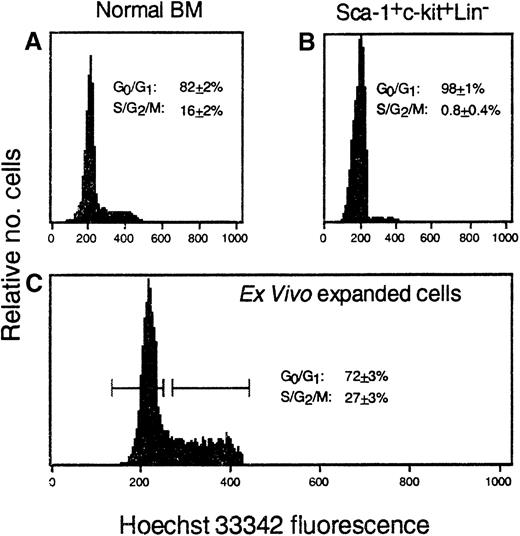 Fig. 2. Ex vivo expanded hematopoietic cells are actively cycling. / The proportion of nucleated cells in G0/G1 or S/G2/M phases of the cell cycle was determined by HO staining of (A) normal murine BM, (B) Sca-1+c-kit+Lin+ cells isolated from day 1 post–5-FU BM, or (C) these cells' progeny generated after ex vivo expansion. Numbers in each panel represent the mean ± SEM of 3-9 measurements per population. The horizontal bars (C) represent the gates used for sorting expanded cells into G0/G1 or S/G2/M fractions prior to transplantation.