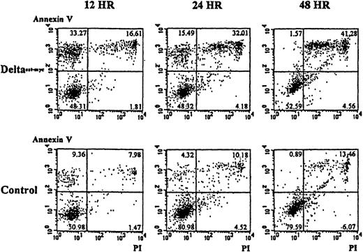 Fig. 6. Induction of apoptosis in monocytes by Deltaext-myc in the presence of M-CSF. / Ten thousand monocytes were cultured with 10% FCS IMDM containing M-CSF (10 ng/mL) in the presence of Deltaext-myc (1 μg/mL) or as a control, control material from nontransfected NSO cells. All wells were coated with anti-myc 9E10 F(ab′)2 fragments. Cells were harvested at 12, 24, and 48 hours, washed with binding buffer, and incubated in binding buffer containing annexin V-FITC and PI. The x-axis represents log fluorescence intensity with PI staining; the y-axis represents log fluorescence intensity with annexin V staining.