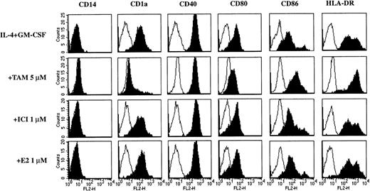 Fig. 6. The effect of TAM, ICI 182780, and 17β-estradiol on the phenotype of monocyte-derived DC. / Adherent PBMC were cultured with IL-4 + GM-CSF in the presence or absence of tamoxifen (TAM), ICI 182780 (ICI), or 17β-estradiol (E2). After 7 days of culture the cells were stained for various cell surface markers and analyzed with flow cytometry. Representative histograms from 3 individual experiments are shown.