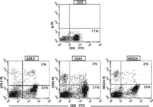 Fig. 2. Analysis of natural killer receptors on TIL population from patient DM before in vitro culture. / Double-immunofluorescence analysis with unlabeled anti-p58.2, anti-CD94, and anti-NKG2A GAMPE and FITC CD8.