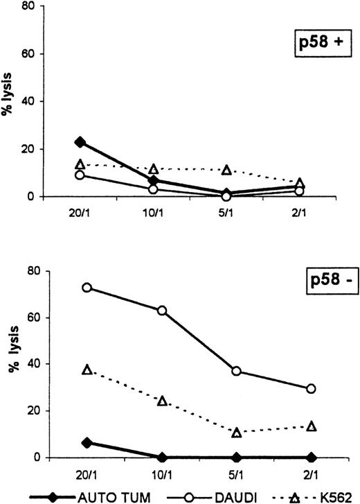 Fig. 4. Lytic activity of p58+ and p58− T cells against autologous tumor cells, K562, and Daudi cells.