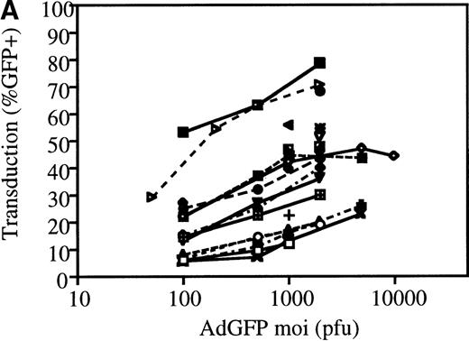 Fig. 2. Transduction efficiencies for mPB CD34+cells. / (A) Transduction efficiency as determined by FACs analysis of mPB CD34+ cells infected with AdGFP at various MOIs in 23 independent experiments. Different symbols indicate values obtained in distinct experiments. (B) Average transduction efficiency at given MOIs. Each point was derived from 3 to 11 independent transductions. Error bars represent the SEM.